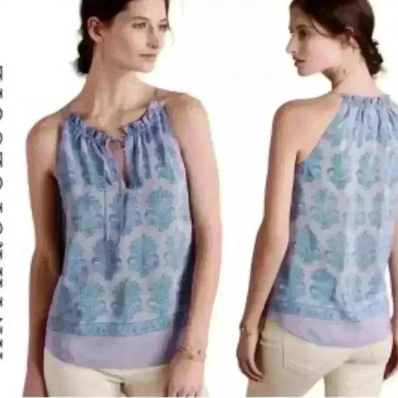Anthropology 100% Silk Halter Tank Top Lavender Purple Teal Pattern Women Sz 10 - Picture 1 of 11